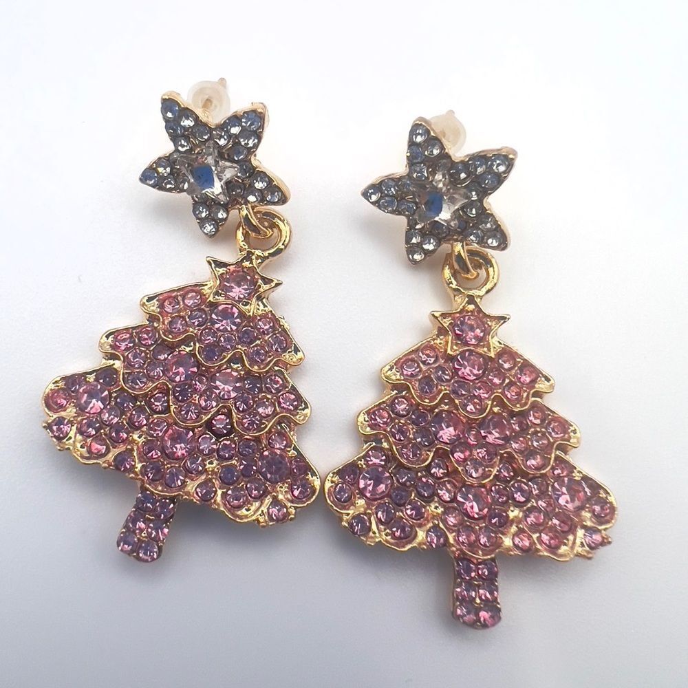 Elegant Gold and Pink Star Christmas Tree Earrings